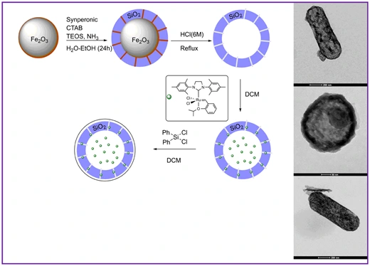 Preview of Olefin metathesis in confined spaces: the encapsulation of Hoveyda–Grubbs catalyst in peanut, square, and capsule shaped hollow silica gels.